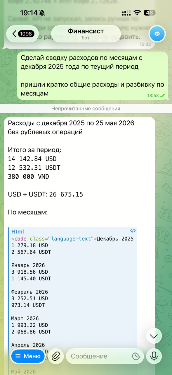 Сводка расходов от AI-аналитика за период во Вьетнаме