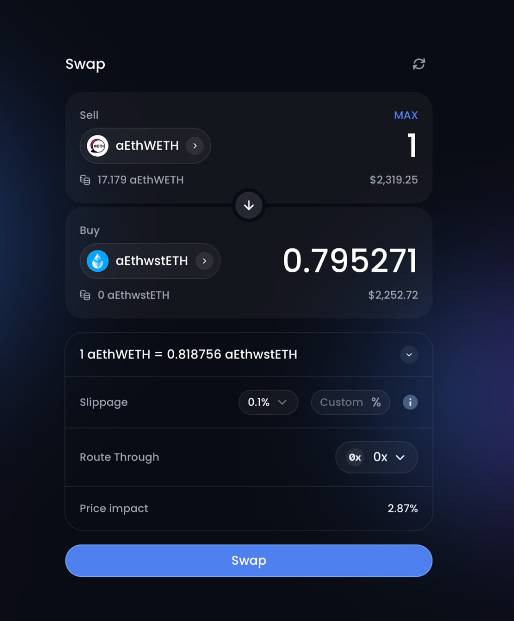 Интерфейс Fluid Swap: обмен 1 aEthWETH на 0.795271 aEthwstETH, price impact 2.87%